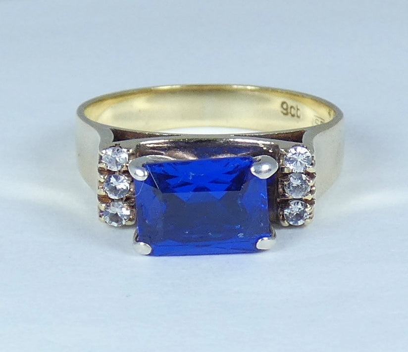 Vintage Solid 9ct Yellow Gold Blue Spinel Cocktail Dress Ring Size 7.5 O 55 375