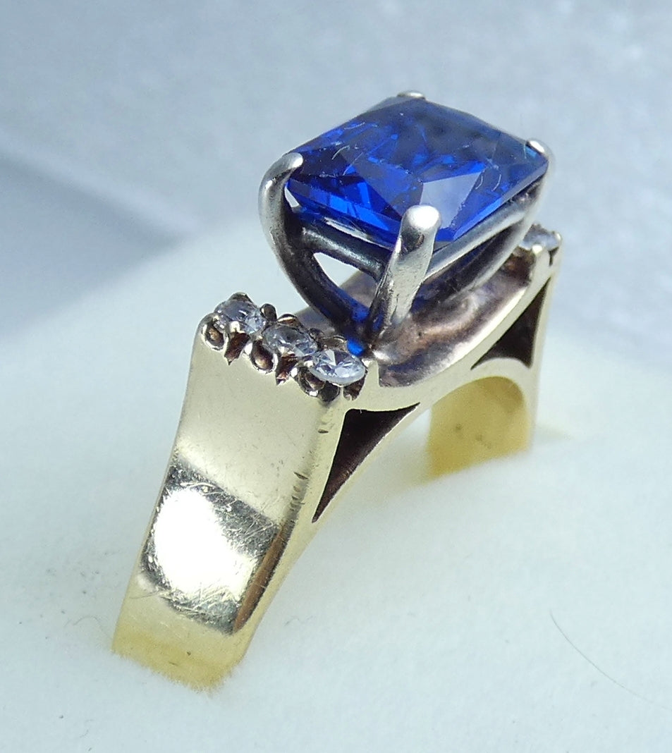 Vintage Solid 9ct Yellow Gold Blue Spinel Cocktail Dress Ring Size 7.5 O 55 375