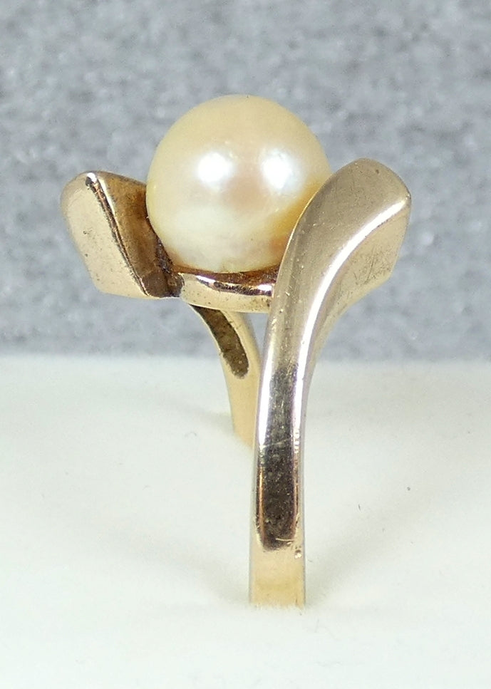 Vintage 1959 English Solid 9ct Yellow Gold Pearl Bypass Dress Ring Size 6.5 M 52