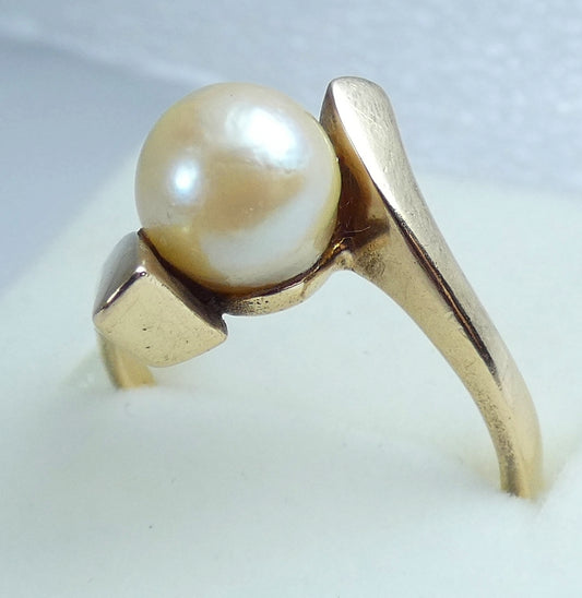 Vintage 1959 English Solid 9ct Yellow Gold Pearl Bypass Dress Ring Size 6.5 M 52