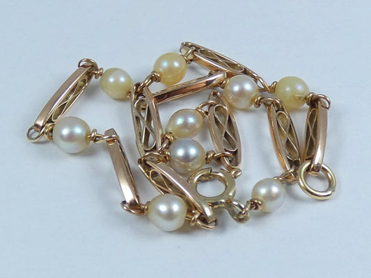 Antique Vintage Solid 9ct Yellow Gold & Pearl 20cm 8" Panel Link Bracelet Chain