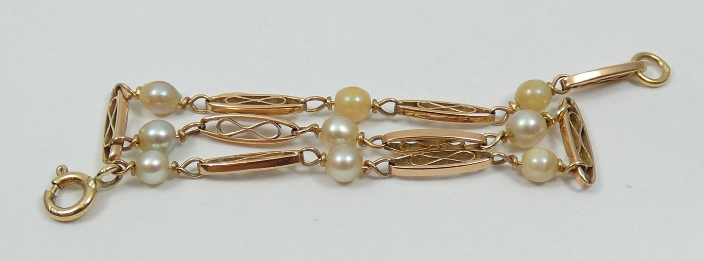 Antique Vintage Solid 9ct Yellow Gold & Pearl 20cm 8" Panel Link Bracelet Chain