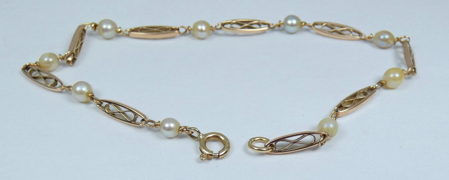 Antique Vintage Solid 9ct Yellow Gold & Pearl 20cm 8" Panel Link Bracelet Chain