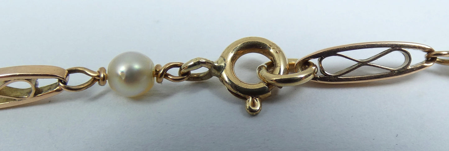 Antique Vintage Solid 9ct Yellow Gold & Pearl 20cm 8" Panel Link Bracelet Chain