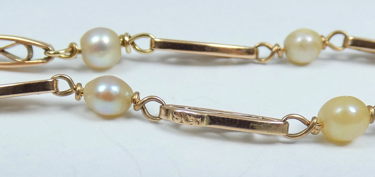 Antique Vintage Solid 9ct Yellow Gold & Pearl 20cm 8" Panel Link Bracelet Chain