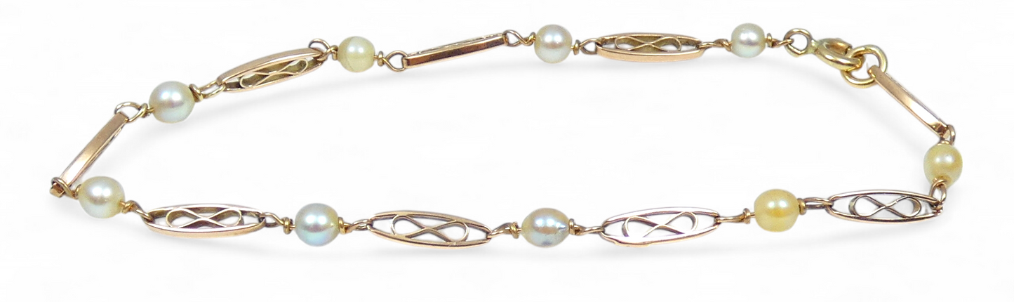Antique Vintage Solid 9ct Yellow Gold & Pearl 20cm 8" Panel Link Bracelet Chain