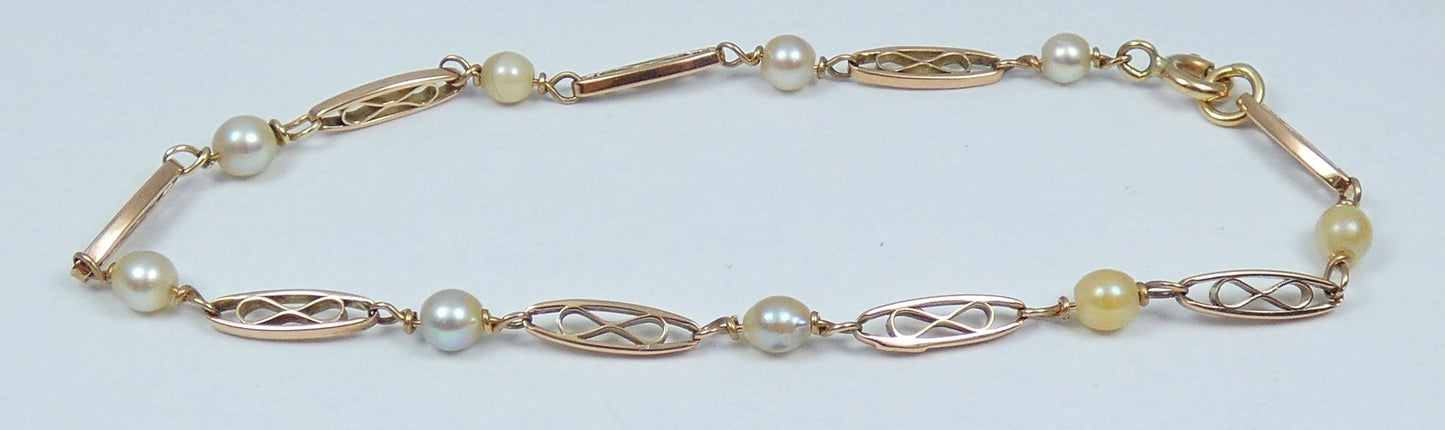 Antique Vintage Solid 9ct Yellow Gold & Pearl 20cm 8" Panel Link Bracelet Chain