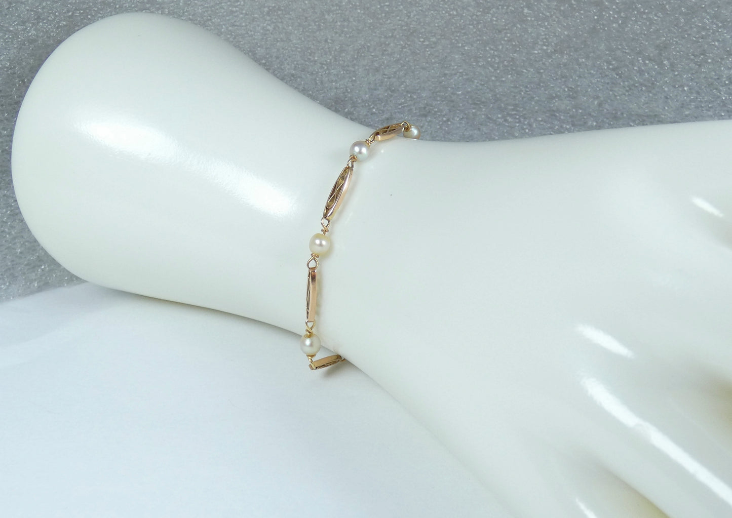 Antique Vintage Solid 9ct Yellow Gold & Pearl 20cm 8" Panel Link Bracelet Chain