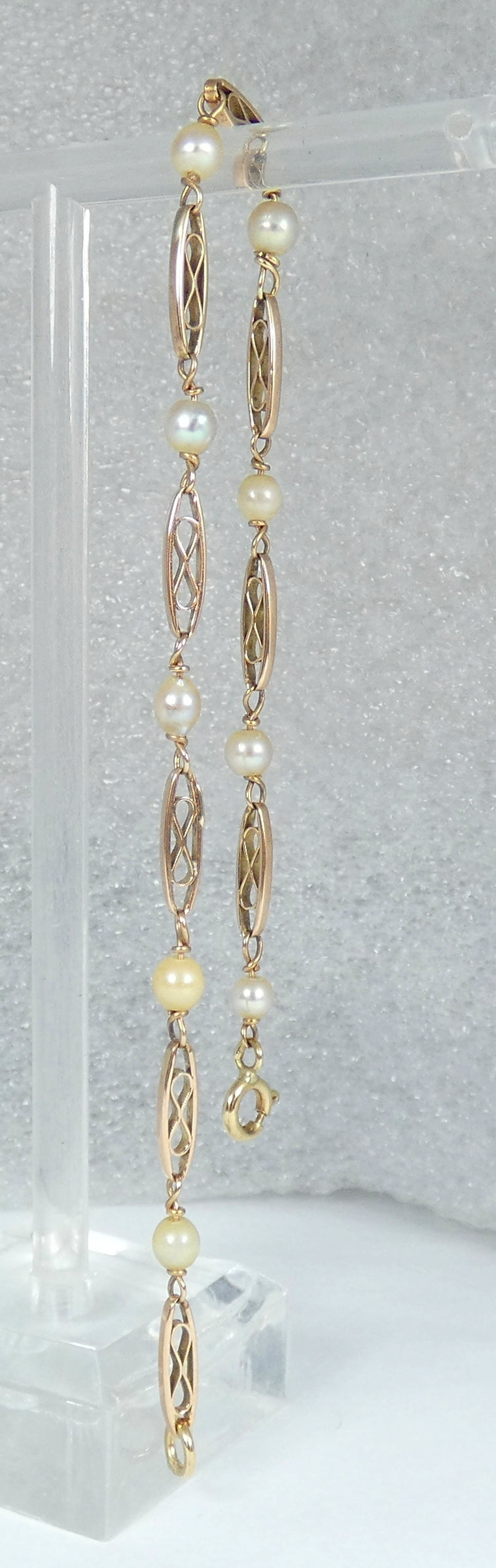 Antique Vintage Solid 9ct Yellow Gold & Pearl 20cm 8" Panel Link Bracelet Chain