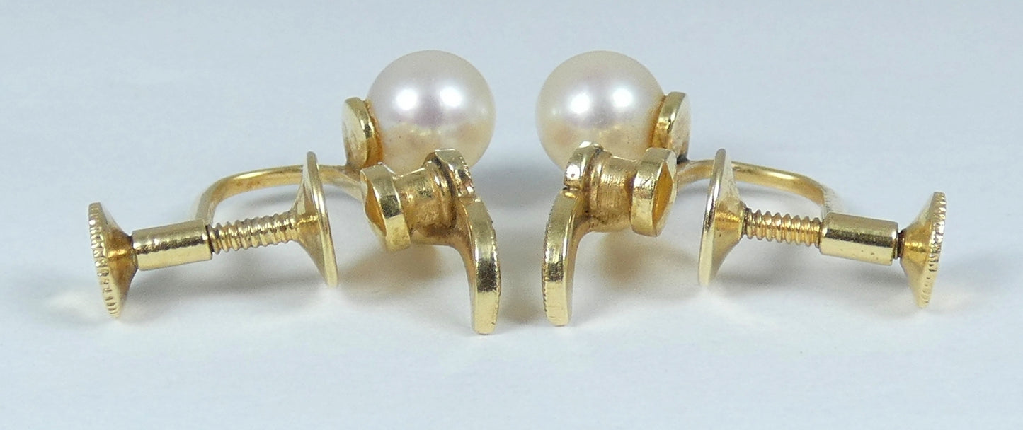 Vintage Mikimoto Pair of Solid 14ct Yellow Gold Akoya Pearl Screw Back Earrings