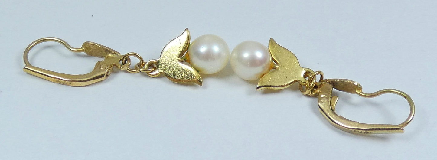 Vintage Pair of Solid 9ct Yellow Gold & 6mm Pearl 33mm Lever Back Drop Earrings