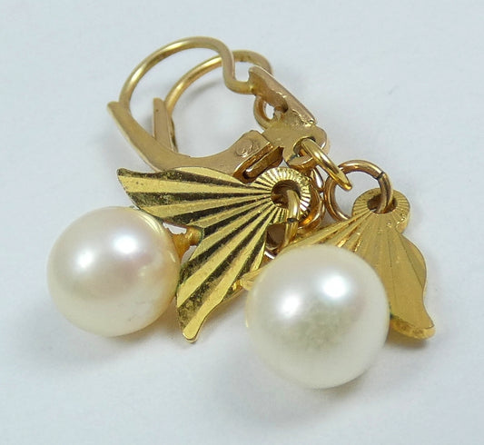 Vintage Pair of Solid 9ct Yellow Gold & 6mm Pearl 33mm Lever Back Drop Earrings