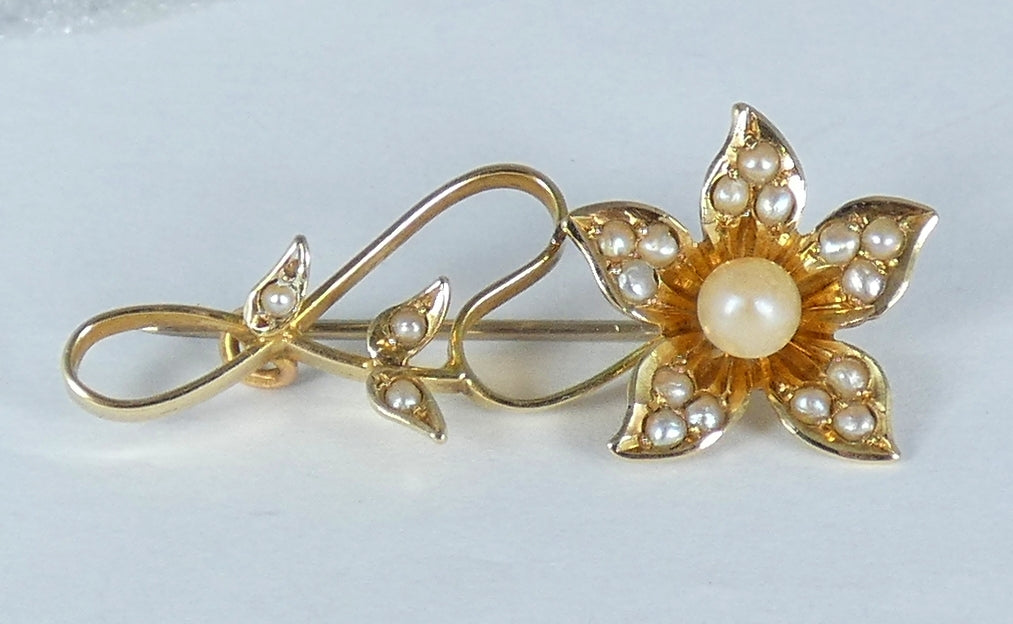 Antique Art Deco Solid 15ct Yellow Gold & Seed Pearl Cluster Flower Brooch Pin