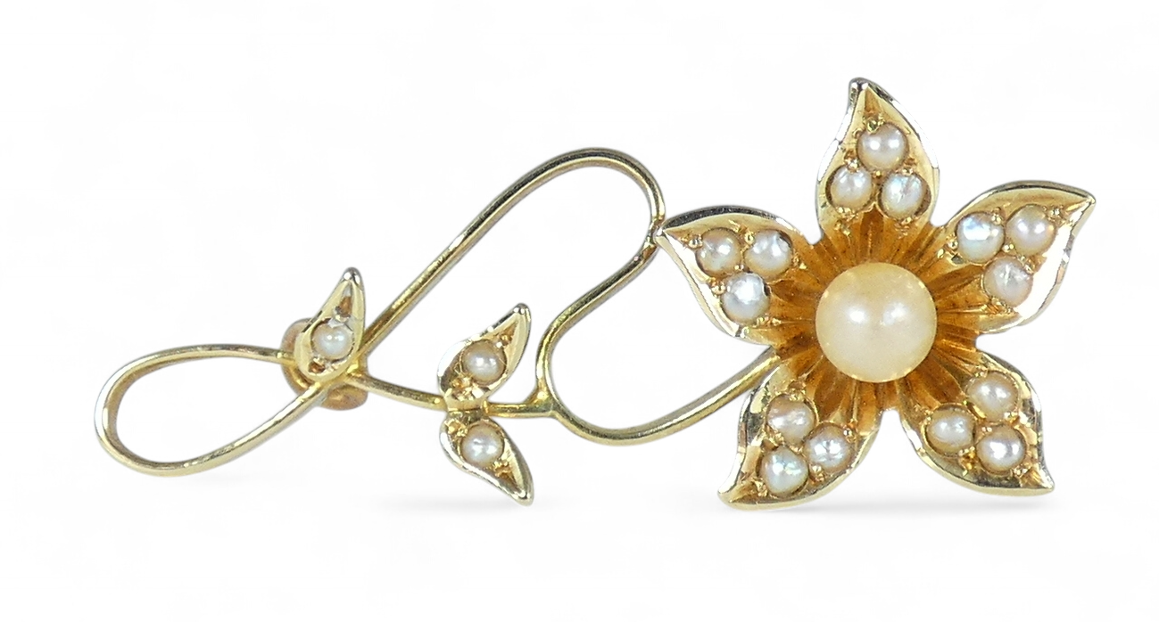 Antique Art Deco Solid 15ct Yellow Gold & Seed Pearl Cluster Flower Brooch Pin