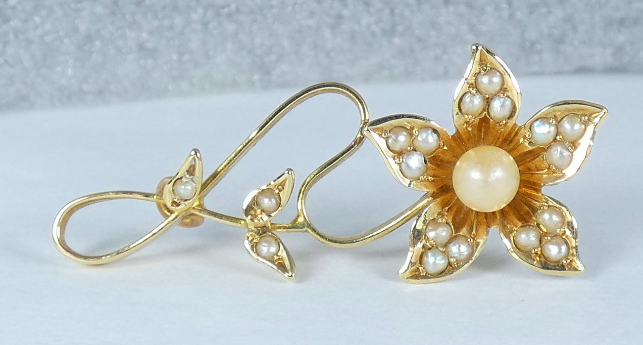 Antique Art Deco Solid 15ct Yellow Gold & Seed Pearl Cluster Flower Brooch Pin