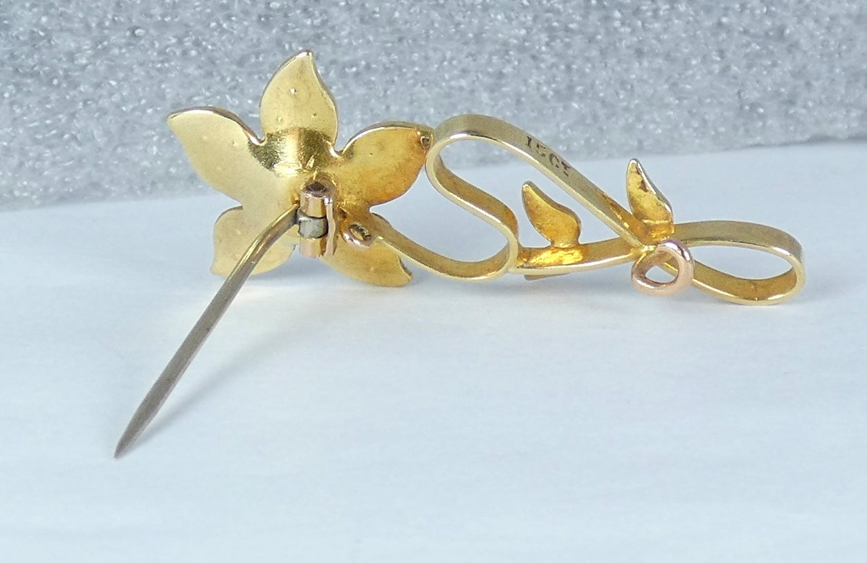 Antique Art Deco Solid 15ct Yellow Gold & Seed Pearl Cluster Flower Brooch Pin