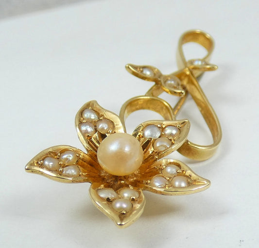Antique Art Deco Solid 15ct Yellow Gold & Seed Pearl Cluster Flower Brooch Pin