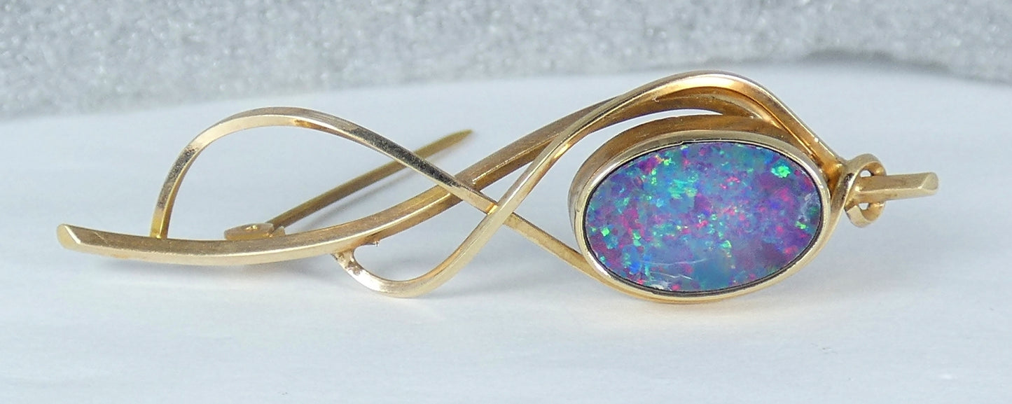 Vintage Australian Solid 9ct Yellow Gold Black Opal 54mm Bar Brooch Pin Organic