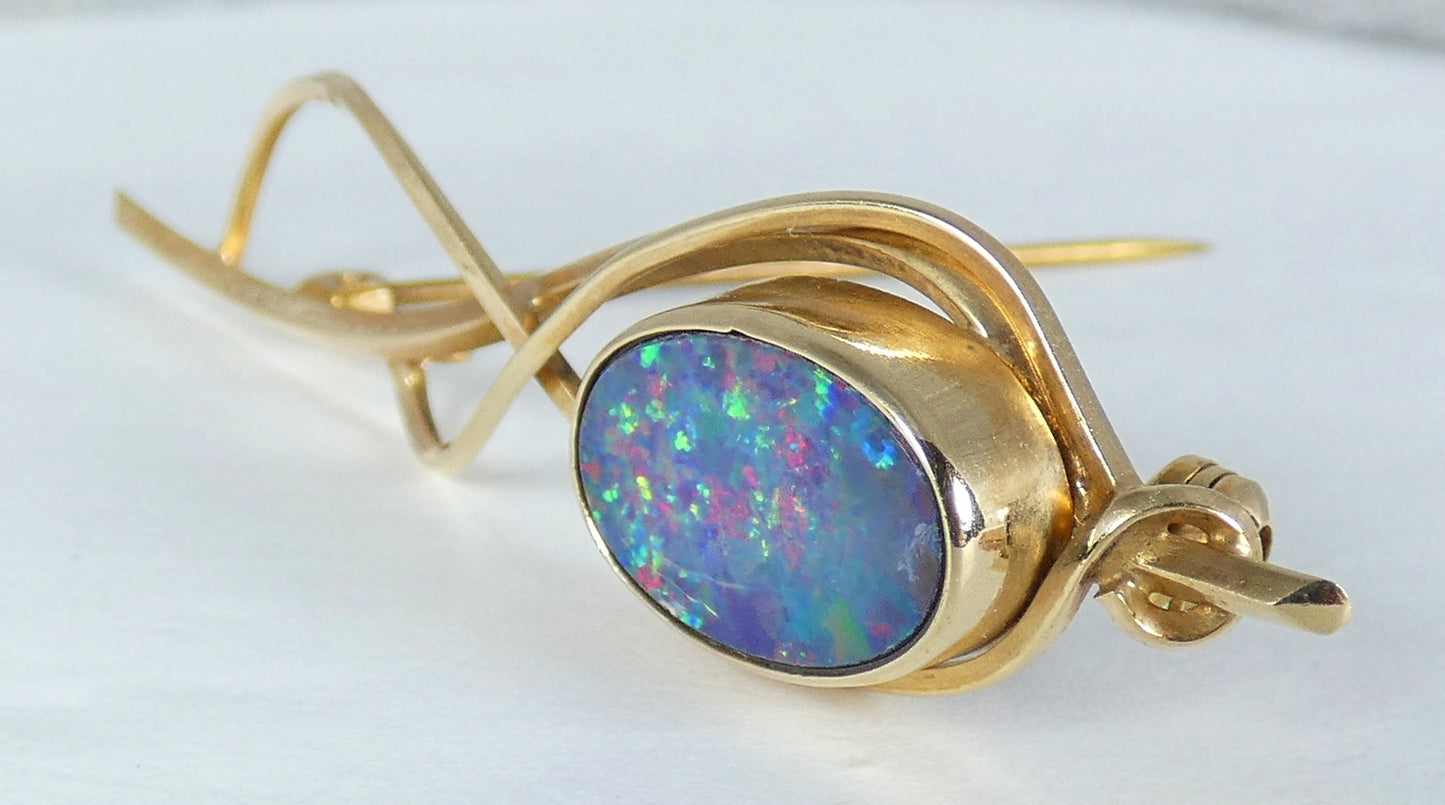 Vintage Australian Solid 9ct Yellow Gold Black Opal 54mm Bar Brooch Pin Organic