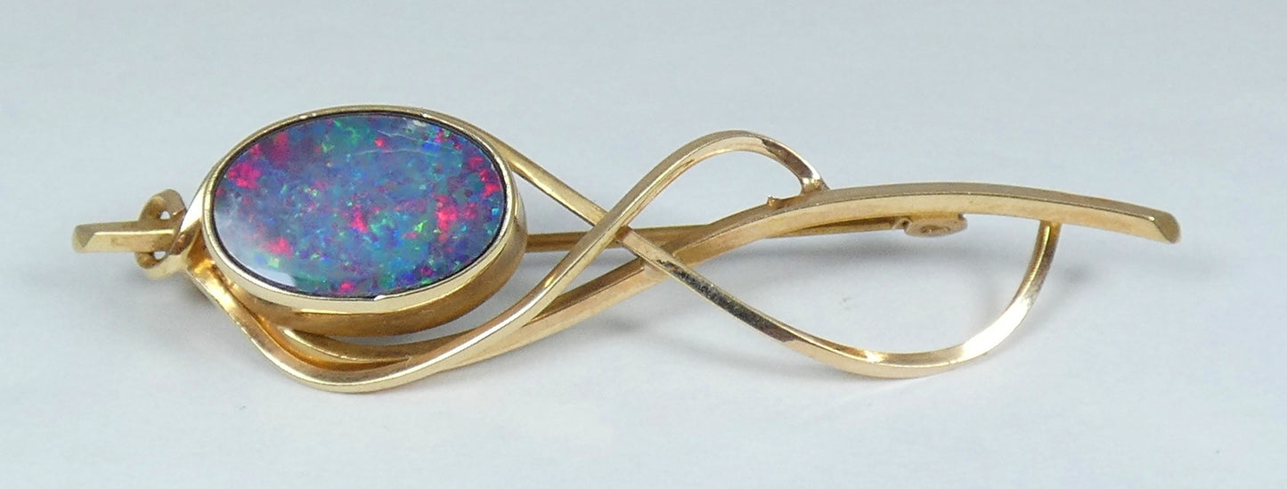 Vintage Australian Solid 9ct Yellow Gold Black Opal 54mm Bar Brooch Pin Organic