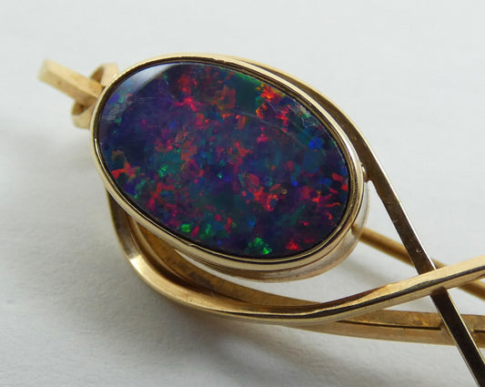 Vintage Australian Solid 9ct Yellow Gold Black Opal 54mm Bar Brooch Pin Organic