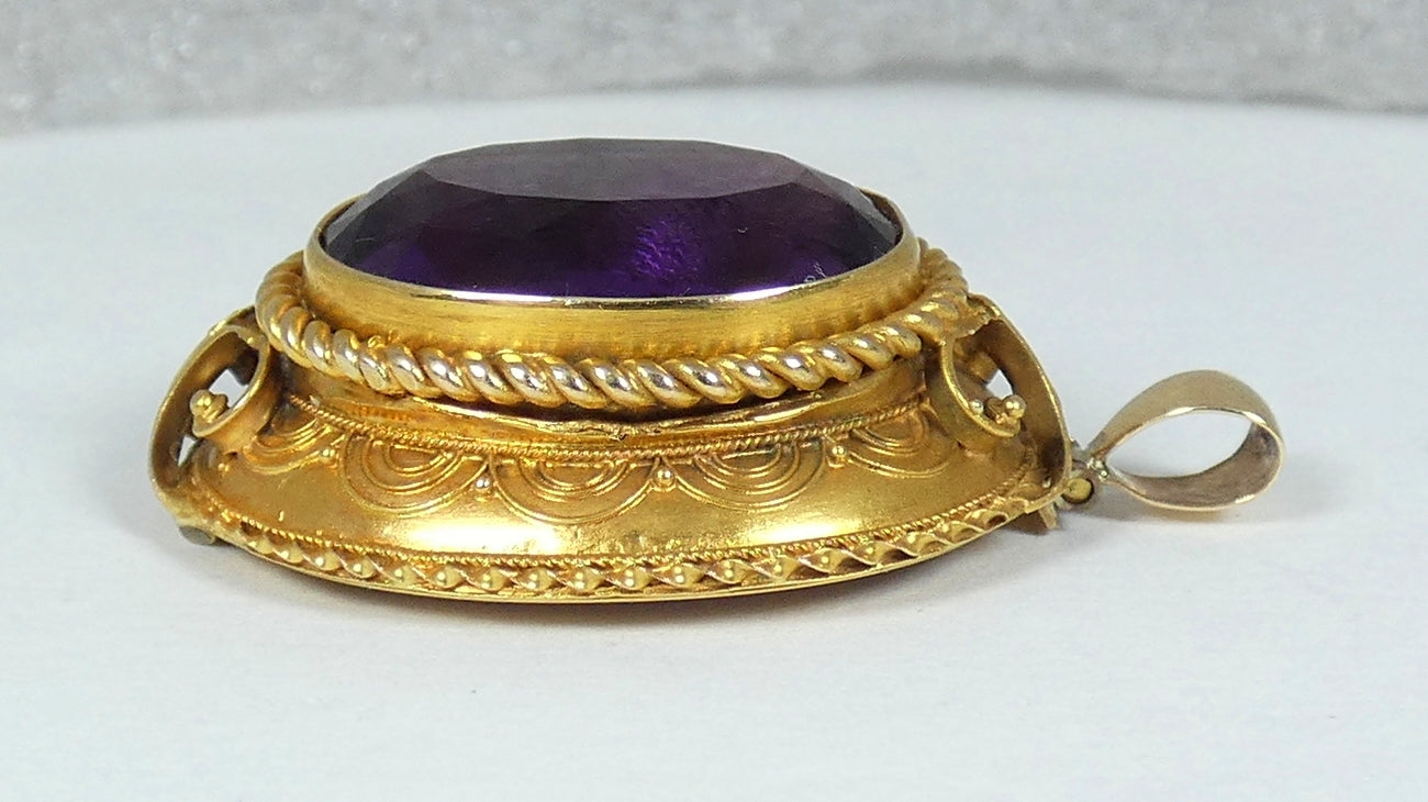 Antique Victorian Etruscan Solid 15ct Yellow Gold Purple Amethyst Locket Pendant