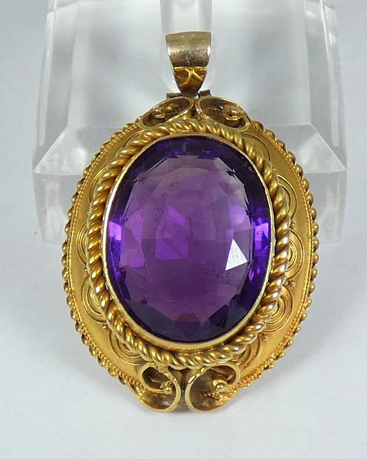 Antique Victorian Etruscan Solid 15ct Yellow Gold Purple Amethyst Locket Pendant