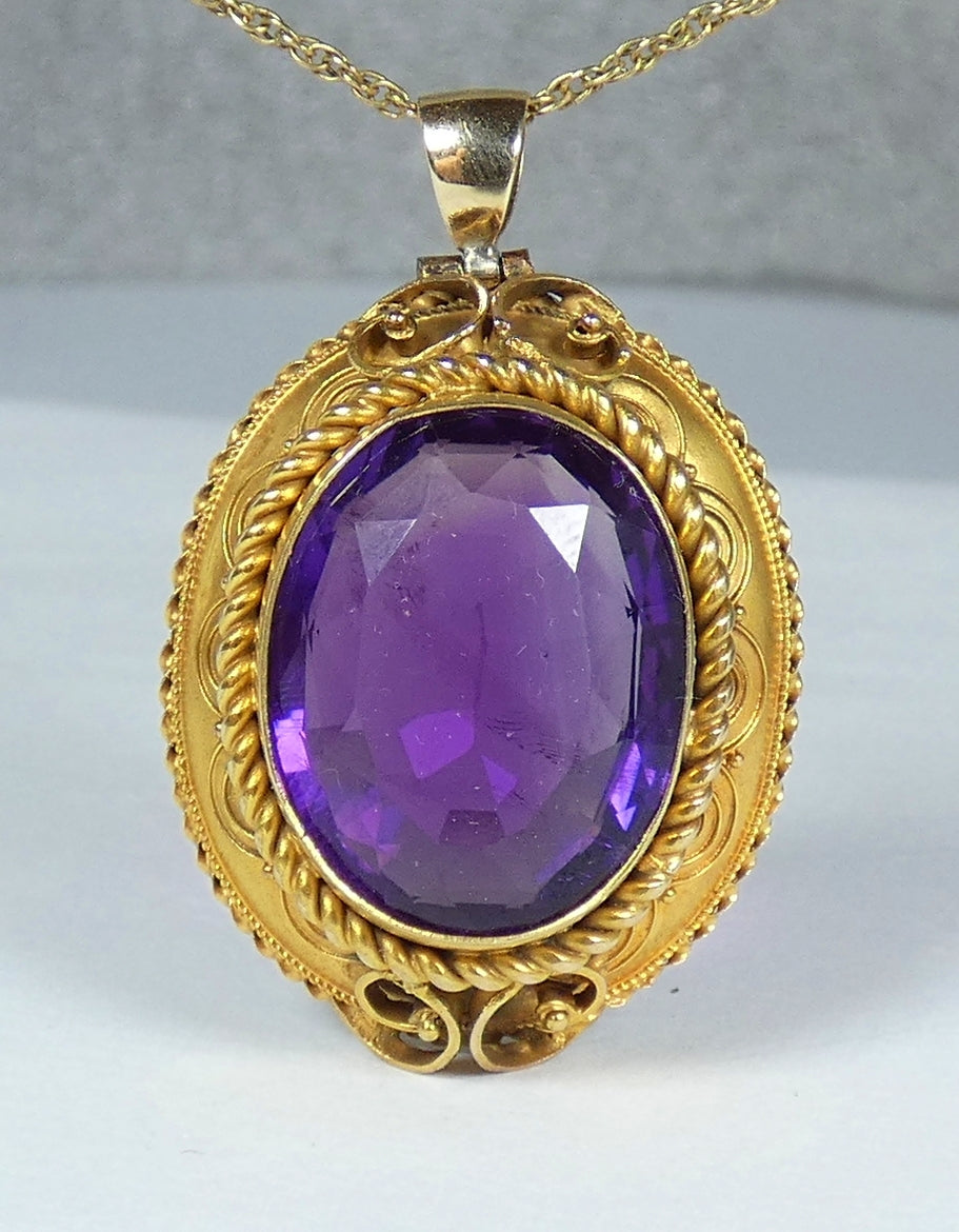 Antique Victorian Etruscan Solid 15ct Yellow Gold Purple Amethyst Locket Pendant