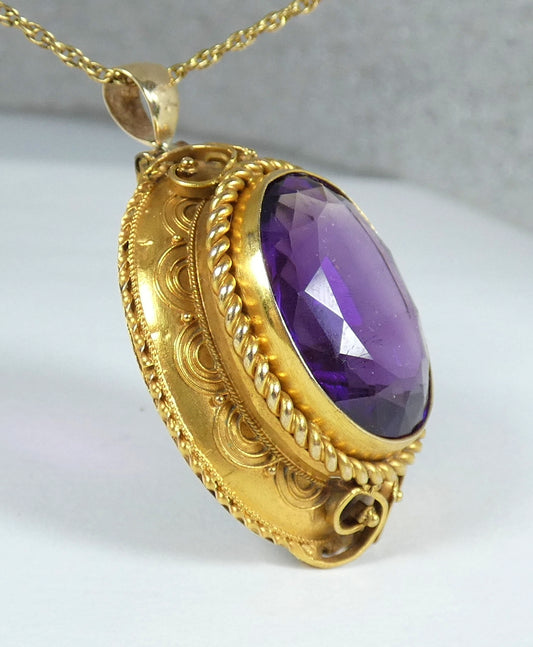 Antique Victorian Etruscan Solid 15ct Yellow Gold Purple Amethyst Locket Pendant