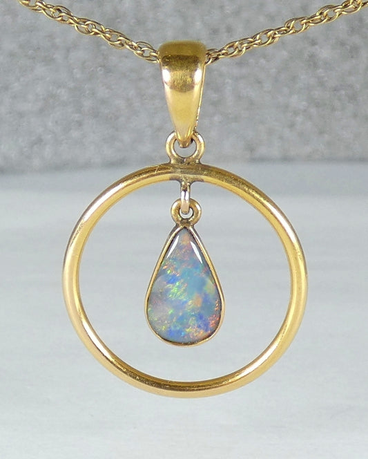 Vintage Solid 14ct Yellow Gold Double Sided Teardrop Pear Opal Necklace Pendant