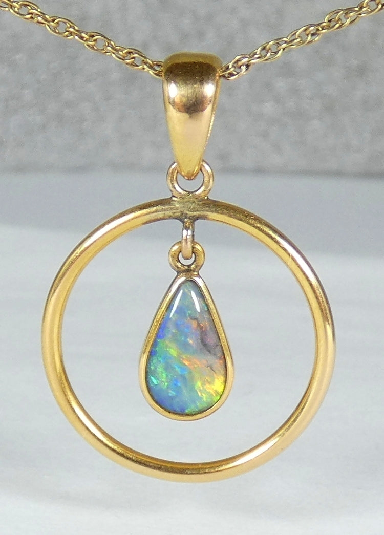 Vintage Solid 14ct Yellow Gold Double Sided Teardrop Pear Opal Necklace Pendant