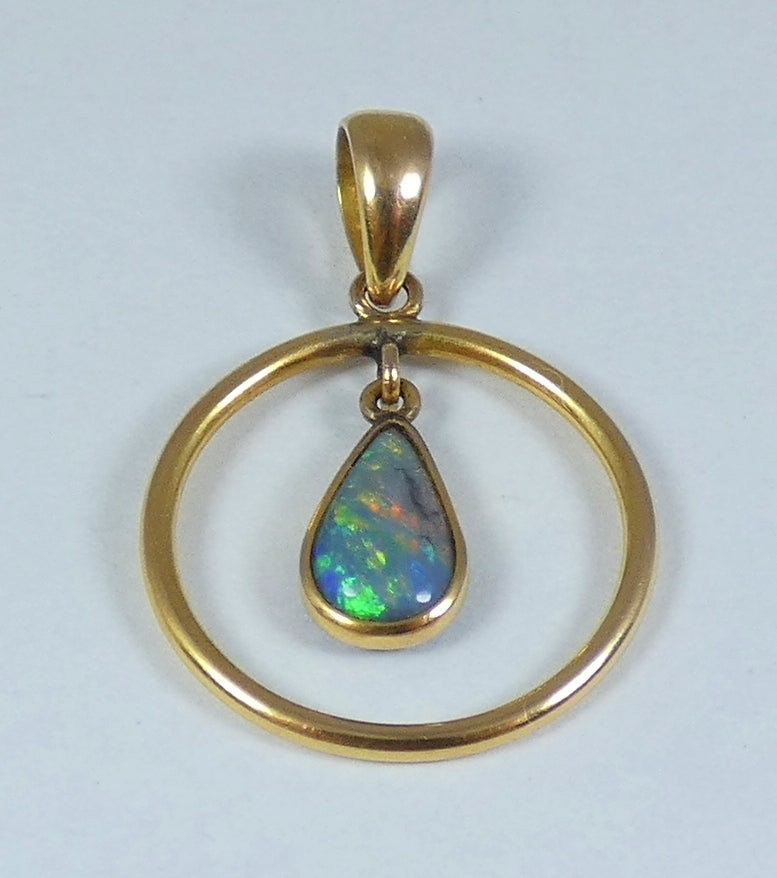 Vintage Solid 14ct Yellow Gold Double Sided Teardrop Pear Opal Necklace Pendant
