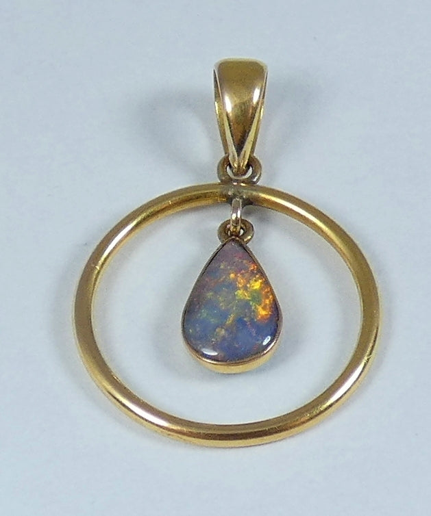 Vintage Solid 14ct Yellow Gold Double Sided Teardrop Pear Opal Necklace Pendant