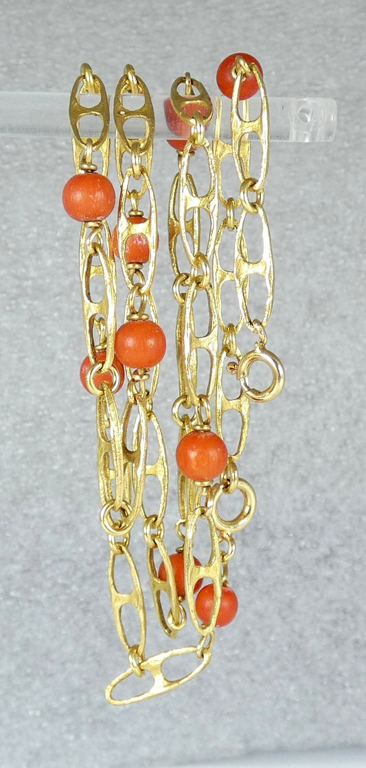 Vintage Artisan Solid 18ct Yellow Gold Coral 51cm 20" Anchor Link Necklace Chain