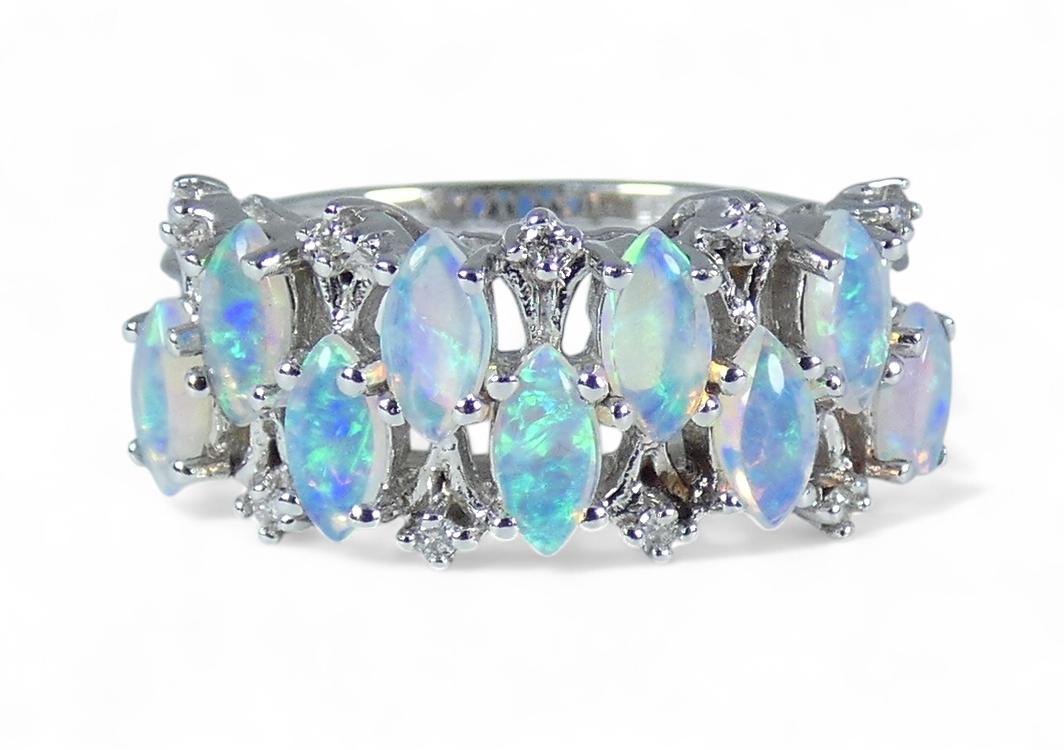 Australian Solid 14ct White Gold Crystal Opal Diamond Cluster Ring Size 7 N 54