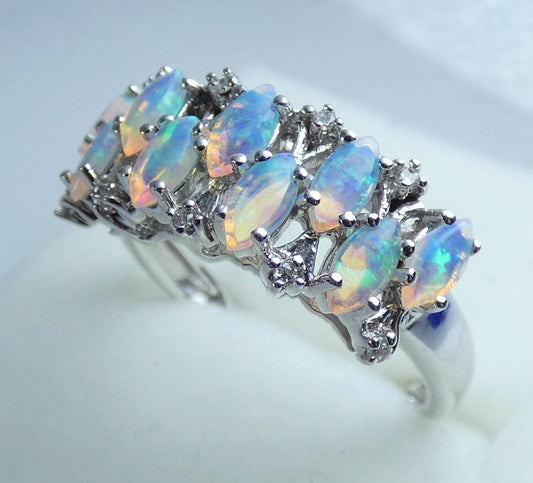 Australian Solid 14ct White Gold Crystal Opal Diamond Cluster Ring Size 7 N 54