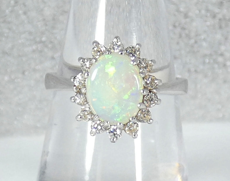 Vintage English 18ct White Gold Solid Opal Cluster Flower Ring Size 7.5 O 55 750