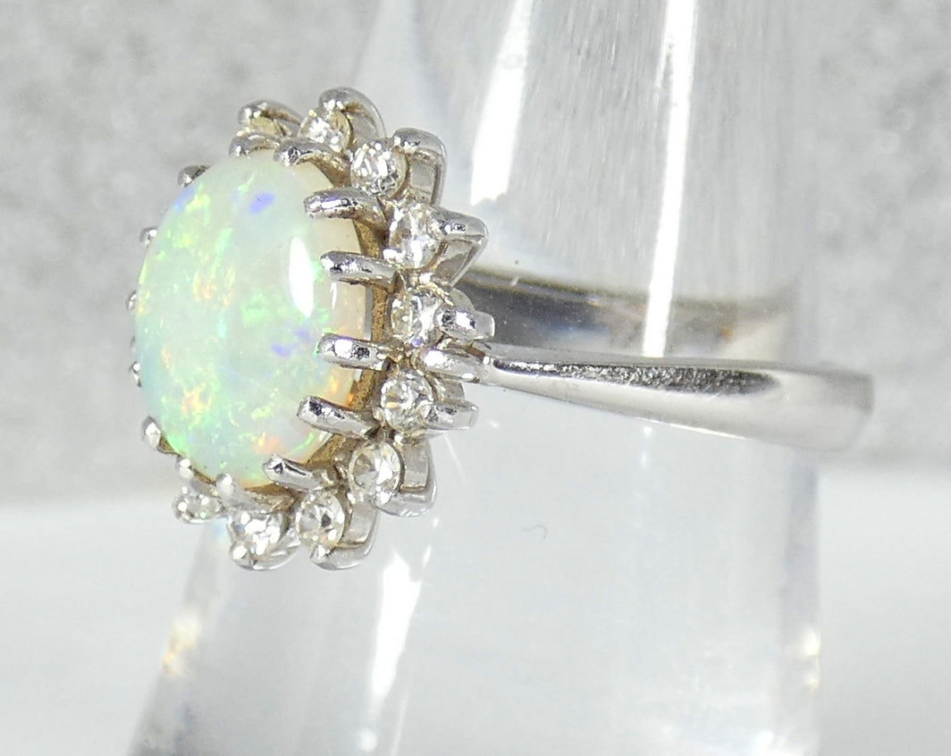 Vintage English 18ct White Gold Solid Opal Cluster Flower Ring Size 7.5 O 55 750