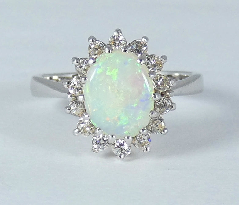 Vintage English 18ct White Gold Solid Opal Cluster Flower Ring Size 7.5 O 55 750
