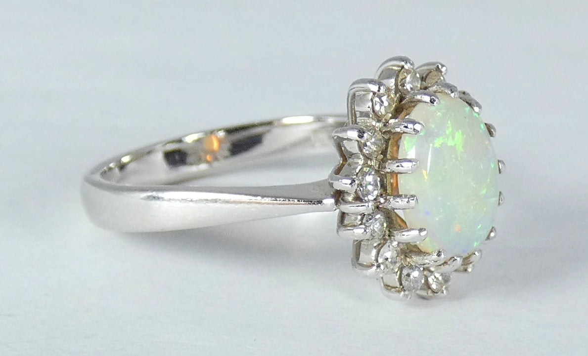 Vintage English 18ct White Gold Solid Opal Cluster Flower Ring Size 7.5 O 55 750