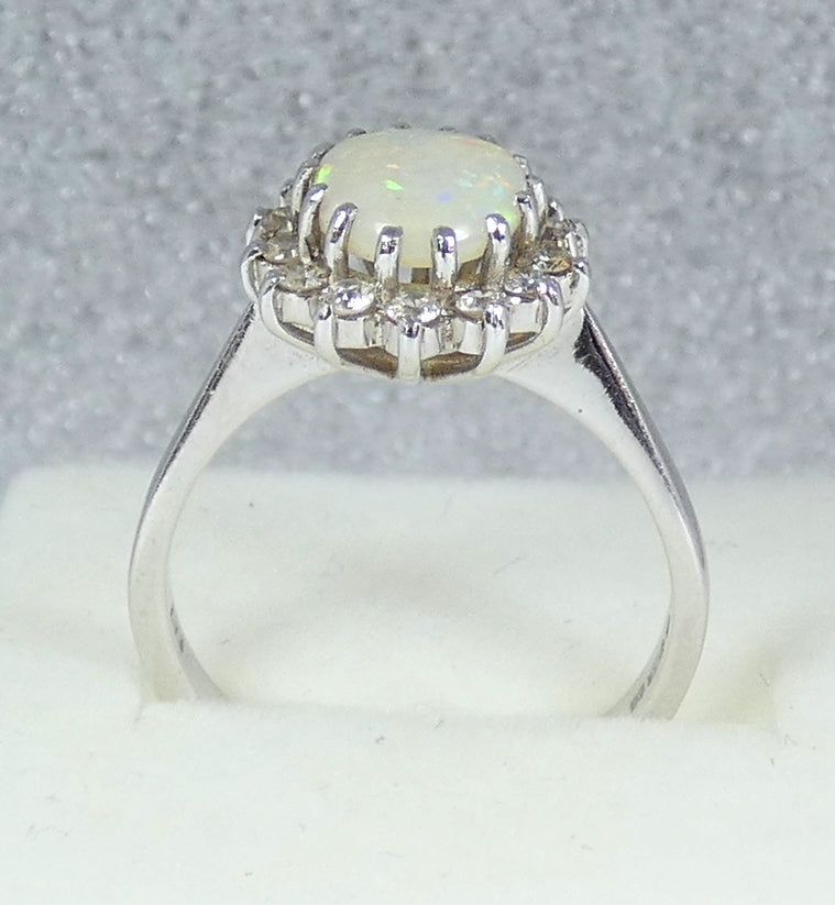 Vintage English 18ct White Gold Solid Opal Cluster Flower Ring Size 7.5 O 55 750