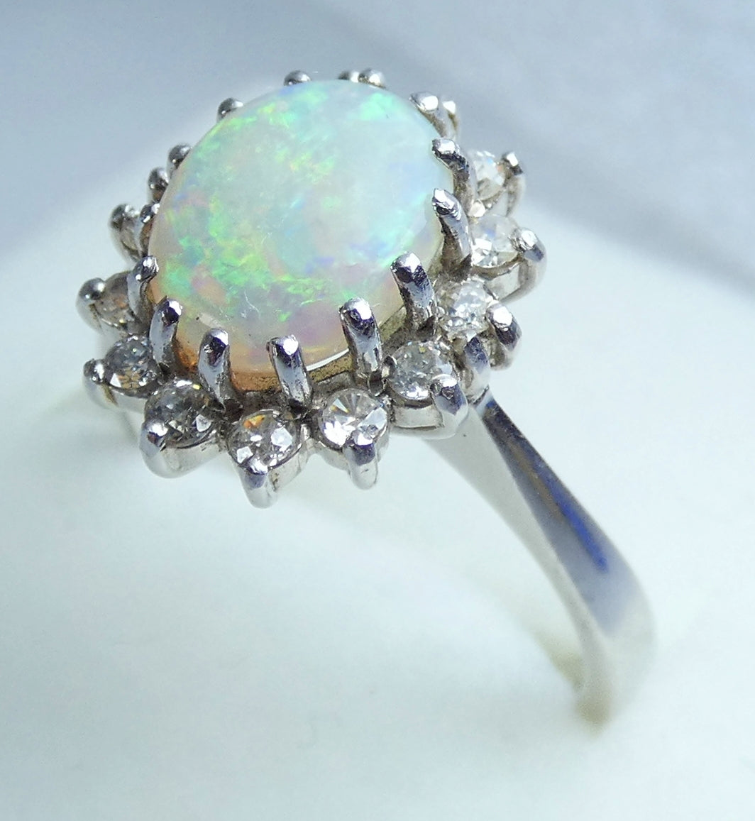 Vintage English 18ct White Gold Solid Opal Cluster Flower Ring Size 7.5 O 55 750
