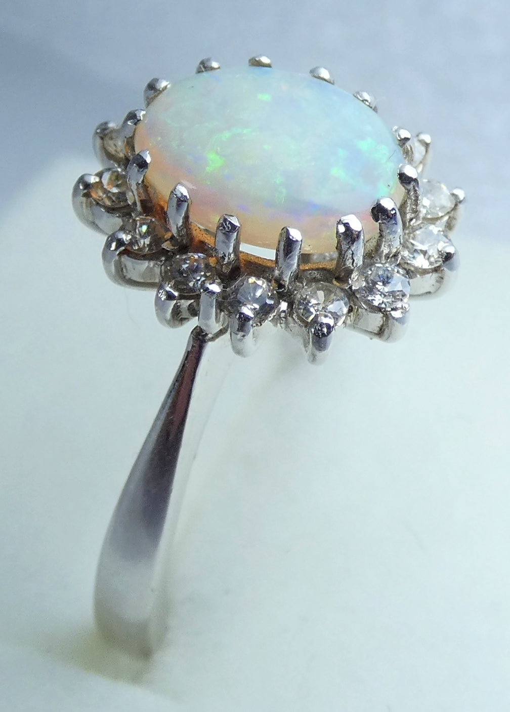 Vintage English 18ct White Gold Solid Opal Cluster Flower Ring Size 7.5 O 55 750