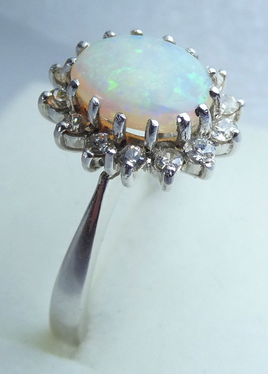 Vintage English 18ct White Gold Solid Opal Cluster Flower Ring Size 7.5 O 55 750