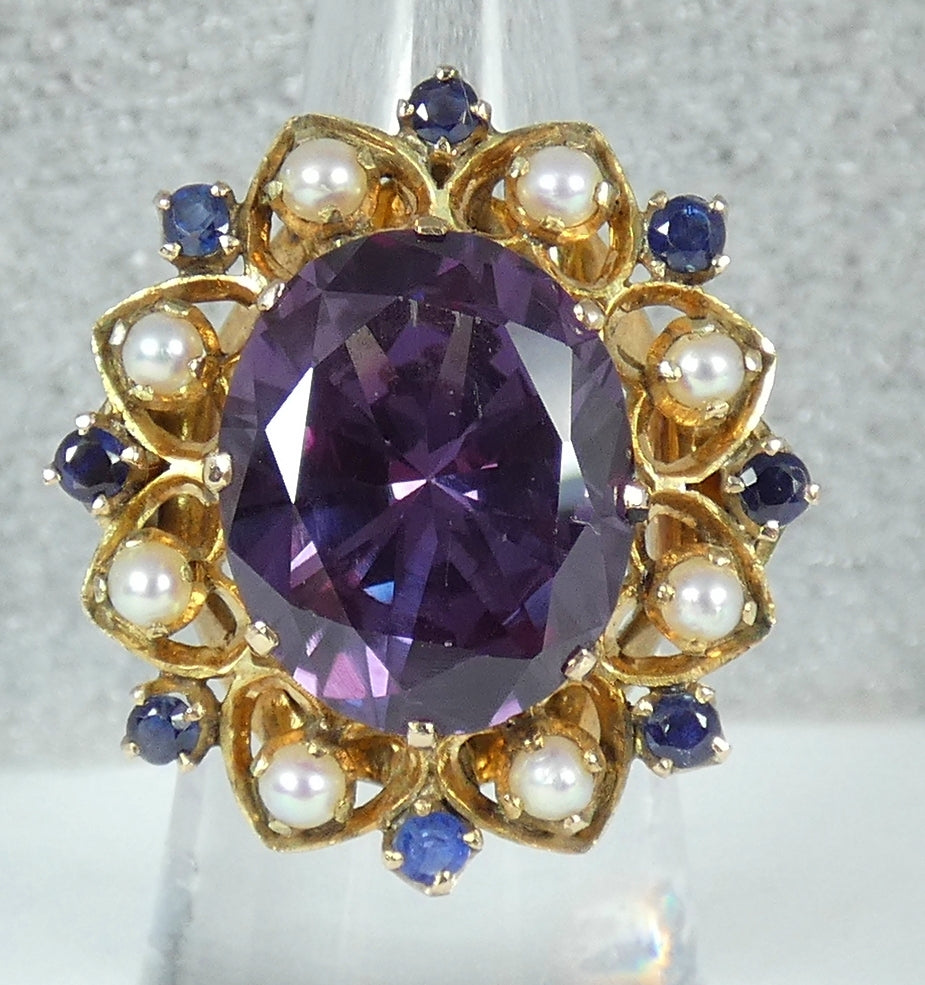 Solid 9ct Yellow Gold Alexandrite Pearl Amethyst Cluster Cocktail Ring 5.5 K 50