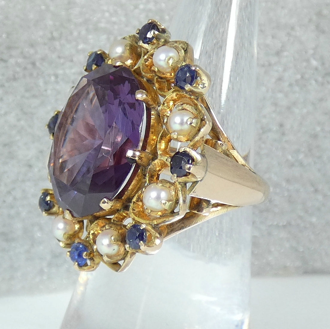 Solid 9ct Yellow Gold Alexandrite Pearl Amethyst Cluster Cocktail Ring 5.5 K 50