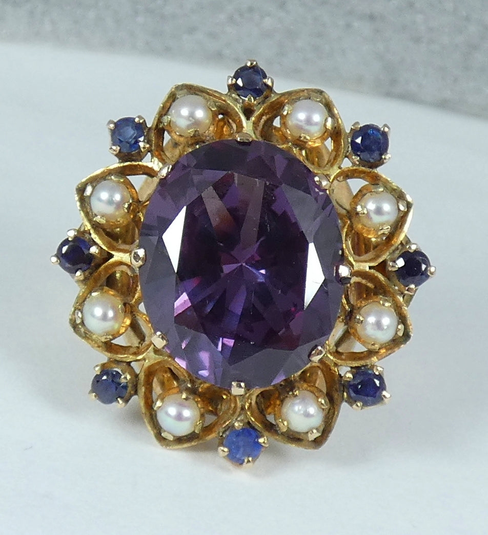 Solid 9ct Yellow Gold Alexandrite Pearl Amethyst Cluster Cocktail Ring 5.5 K 50