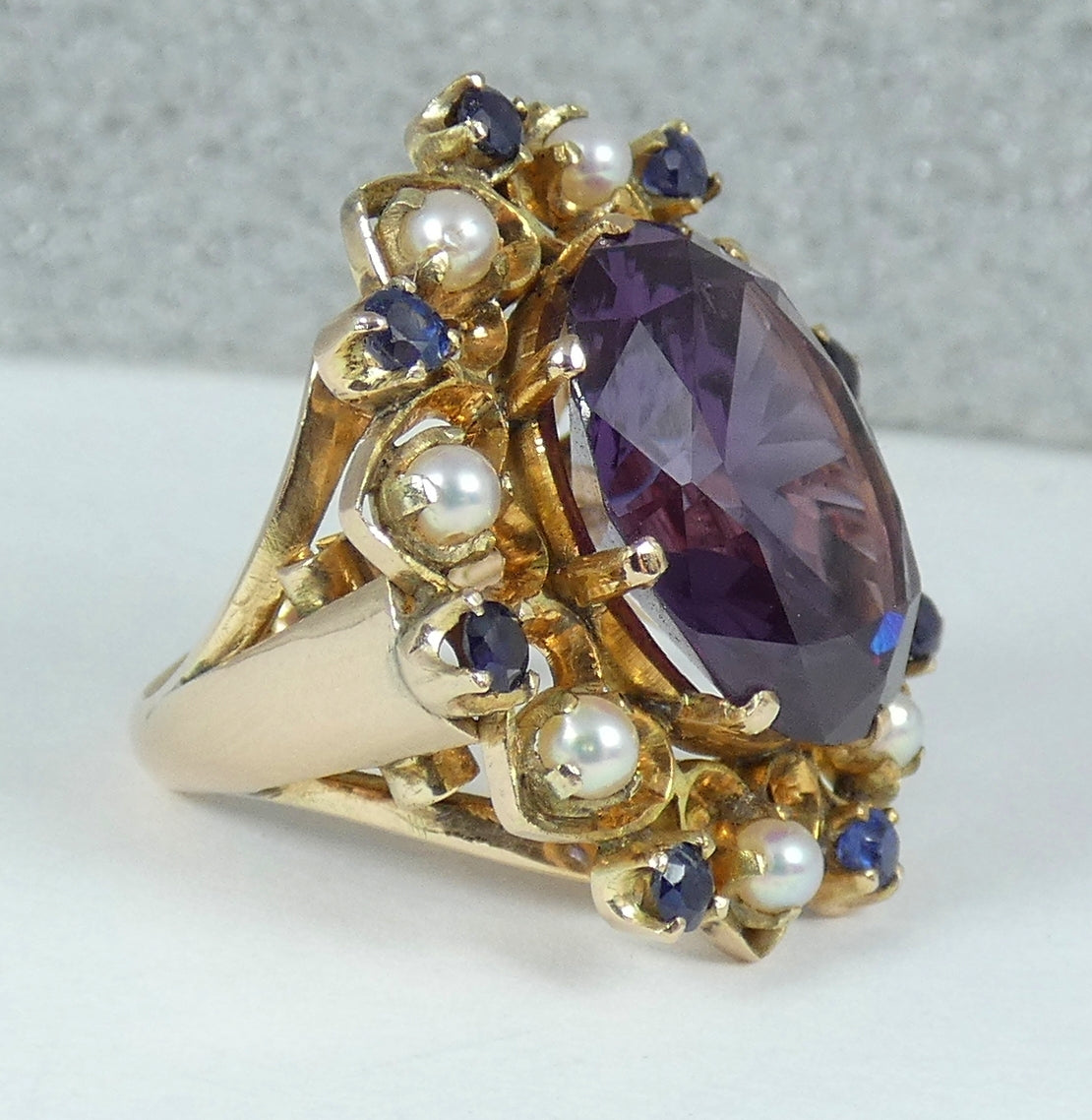 Solid 9ct Yellow Gold Alexandrite Pearl Amethyst Cluster Cocktail Ring 5.5 K 50