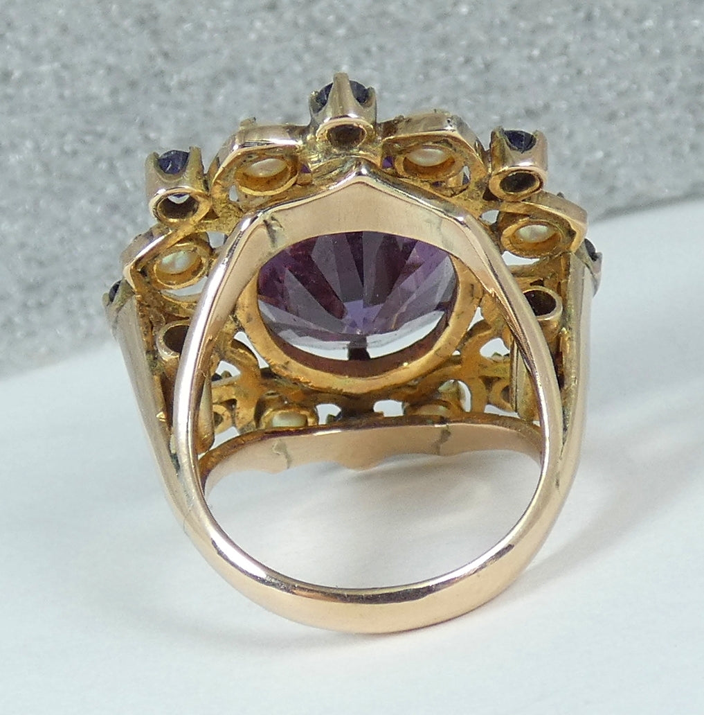 Solid 9ct Yellow Gold Alexandrite Pearl Amethyst Cluster Cocktail Ring 5.5 K 50