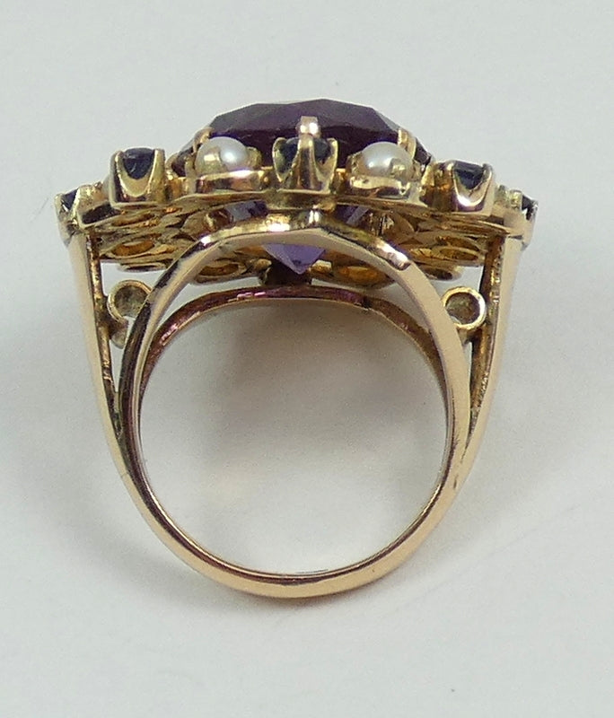Solid 9ct Yellow Gold Alexandrite Pearl Amethyst Cluster Cocktail Ring 5.5 K 50